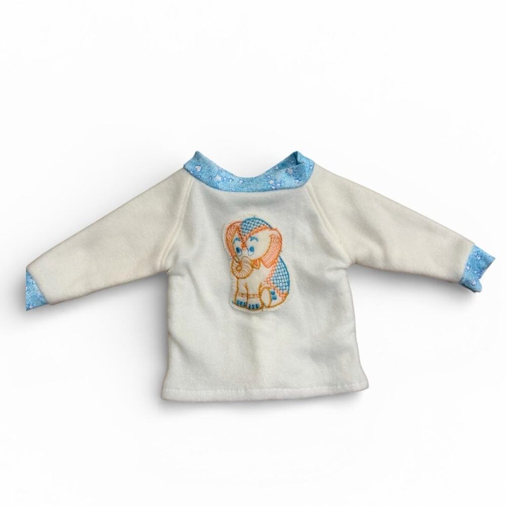 Vintage 1970s Baby Sweater White Blue Elephant Pullover 3 6 Months Retro